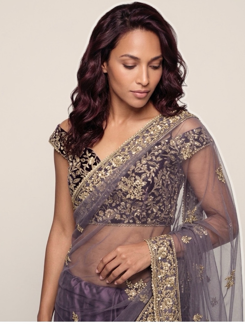 Gold-Embroidered Dusty Purple Ready To Wear Net Saree